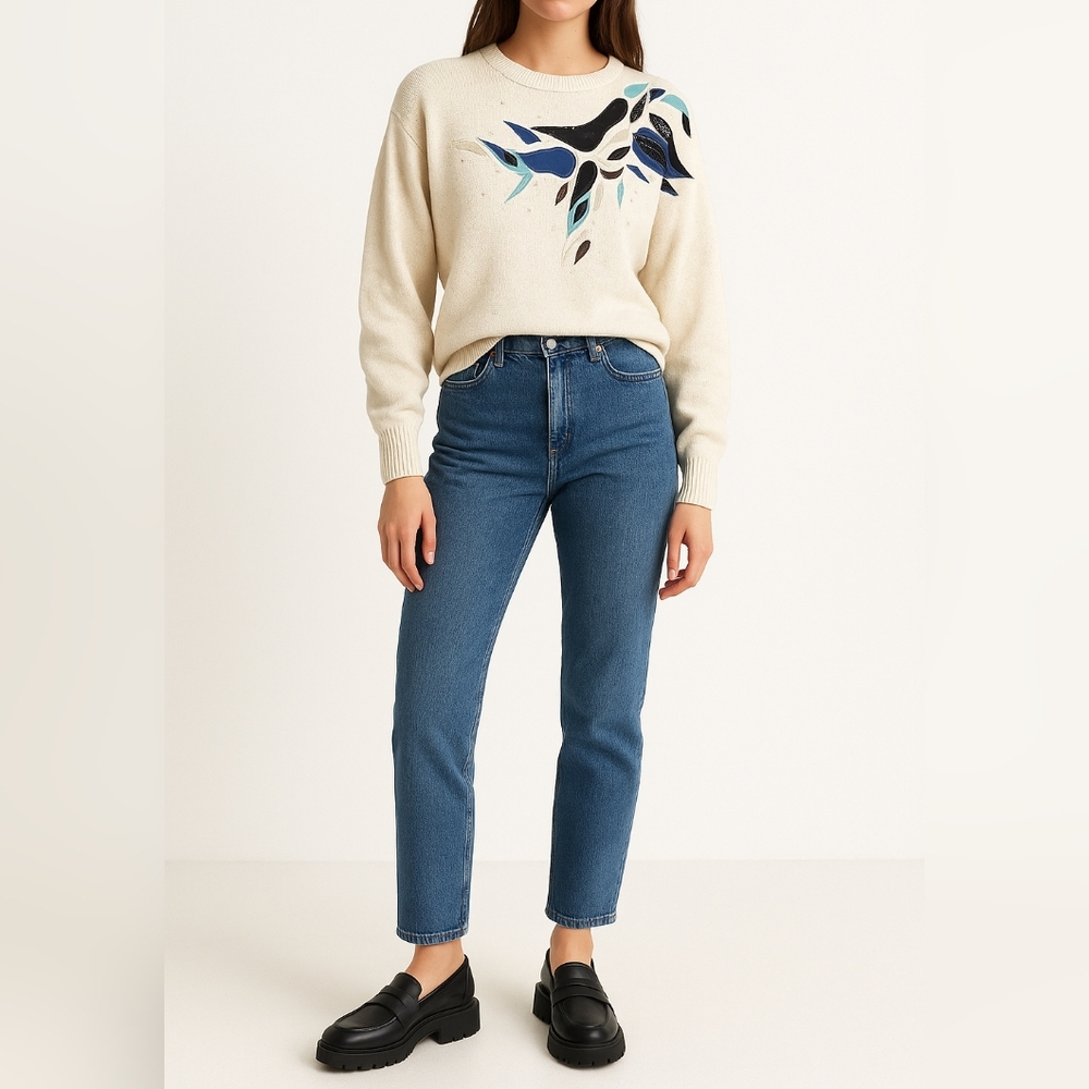 VINTAGE DAVID BENJAMIN 80s Appliqué Sweater | M | Cream Abstract | Beaded Artsy